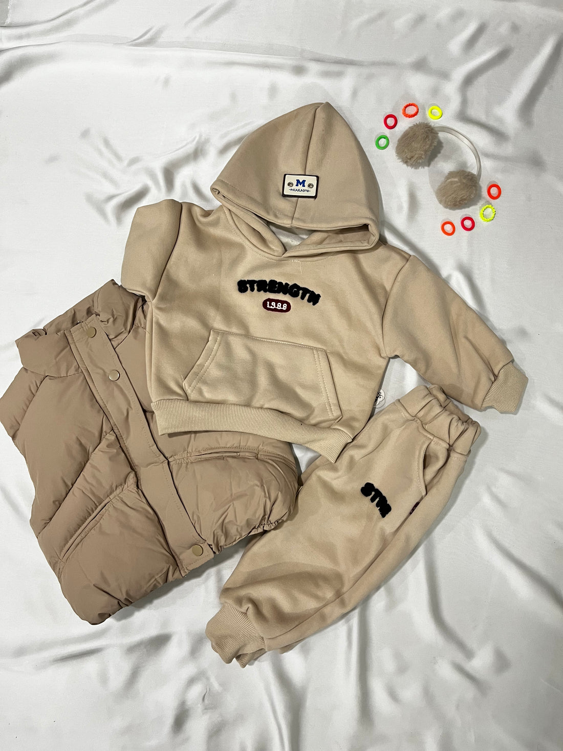 3‑Piece Boys Fluffy Puffer Set – Cream