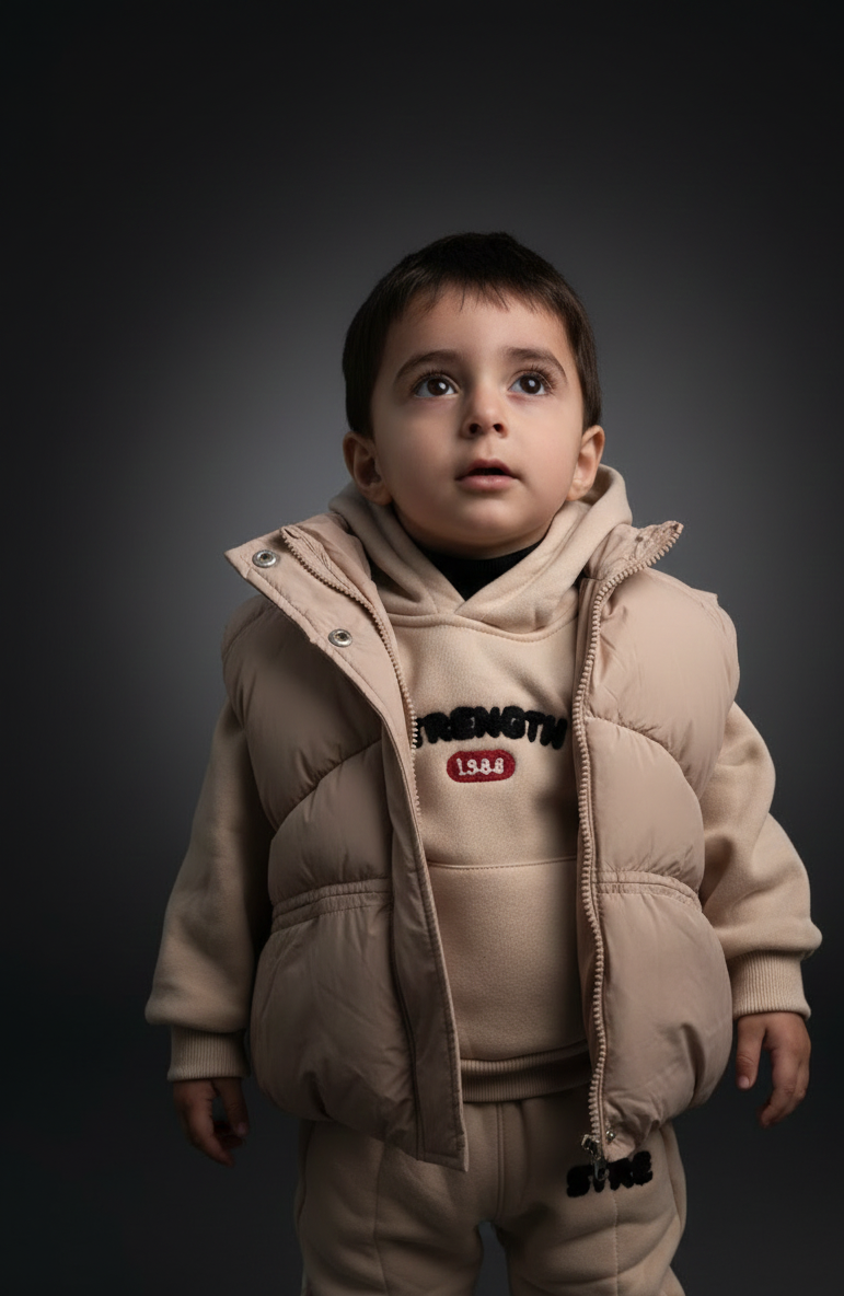 3‑Piece Boys Fluffy Puffer Set – Cream