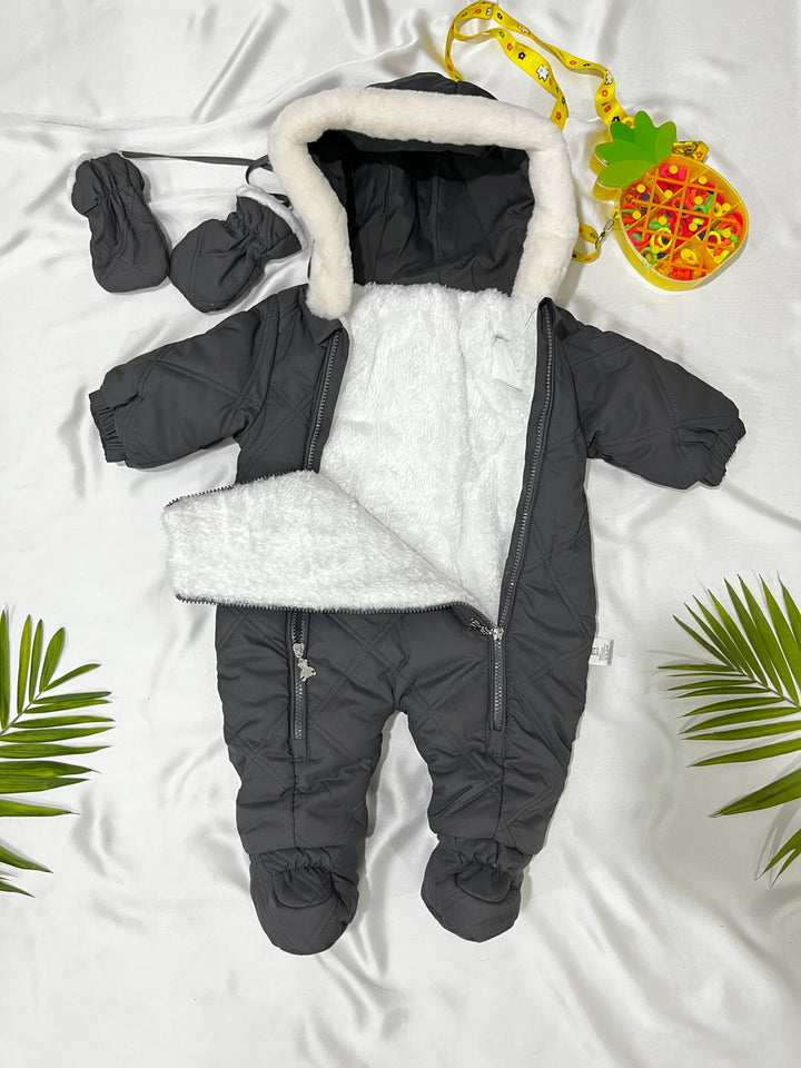 Parachute Fur like Romper with gloves and socks – Black