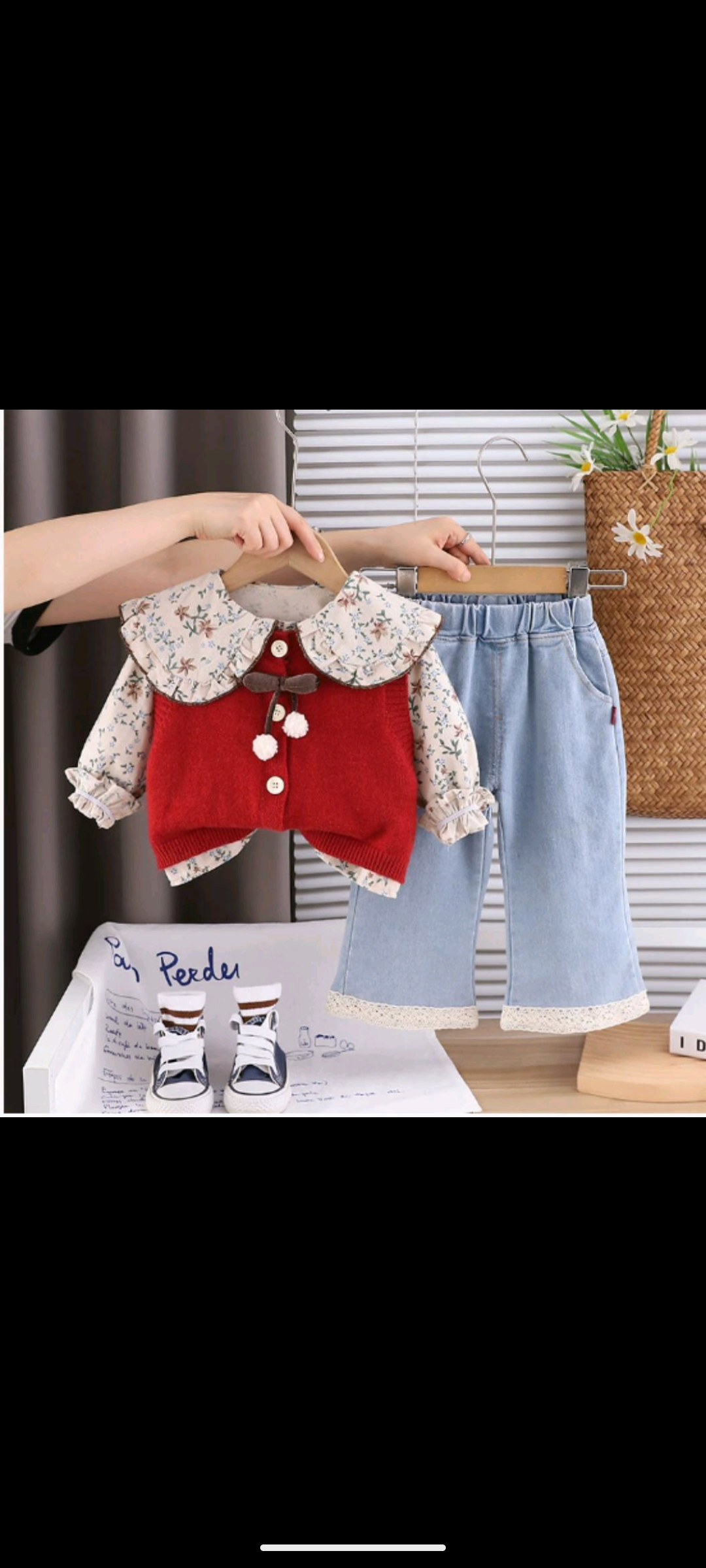 3‑Piece Girls Red Set – Red White with Denim