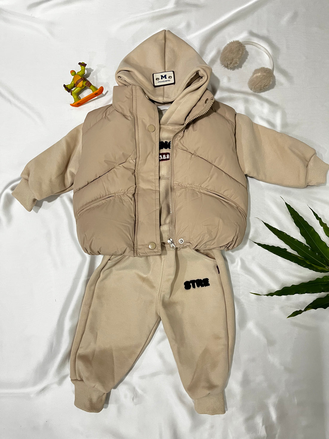 3‑Piece Boys Fluffy Puffer Set – Cream
