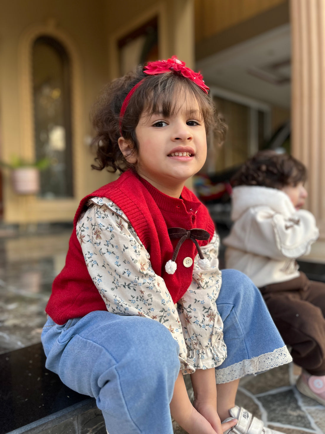 3‑Piece Girls Red Set – Red White with Denim