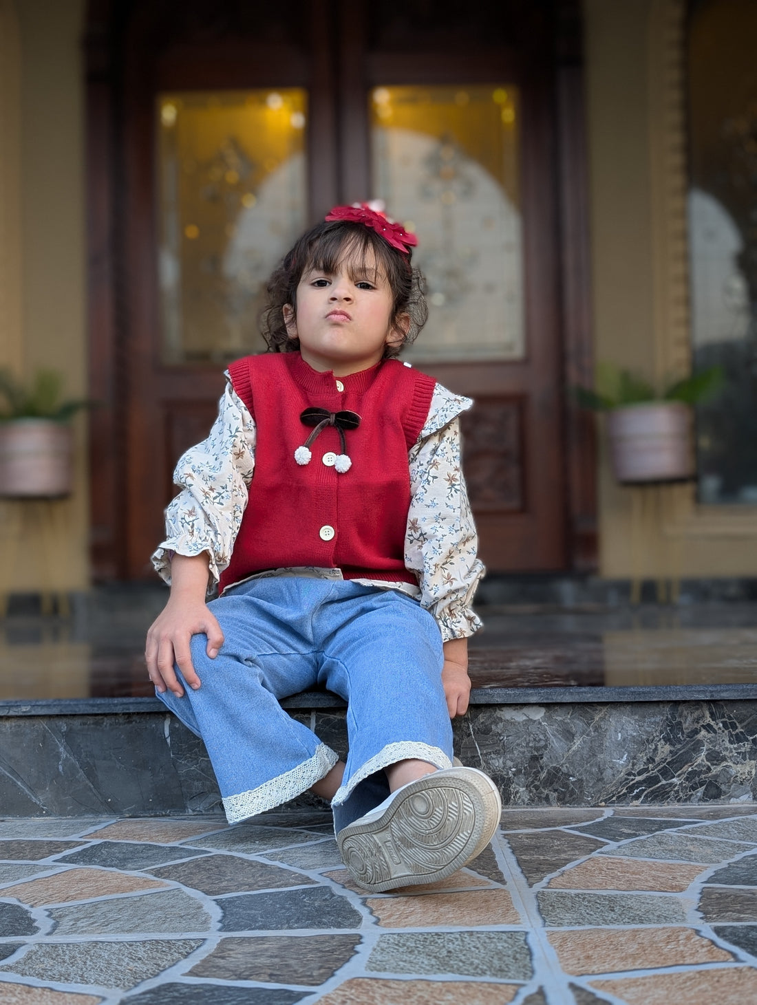 3‑Piece Girls Red Set – Red White with Denim