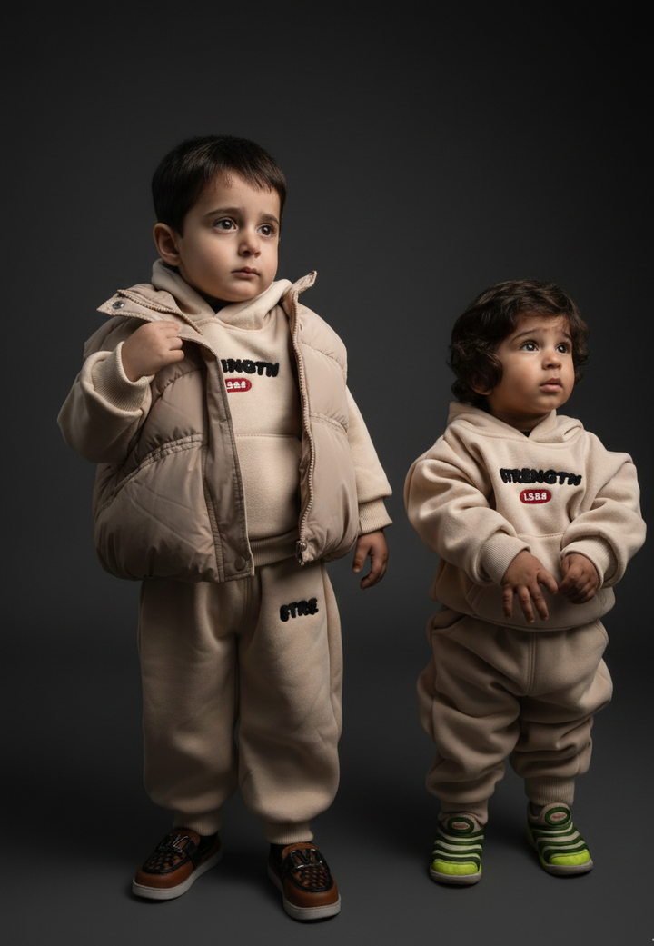 3‑Piece Boys Fluffy Puffer Set – Cream