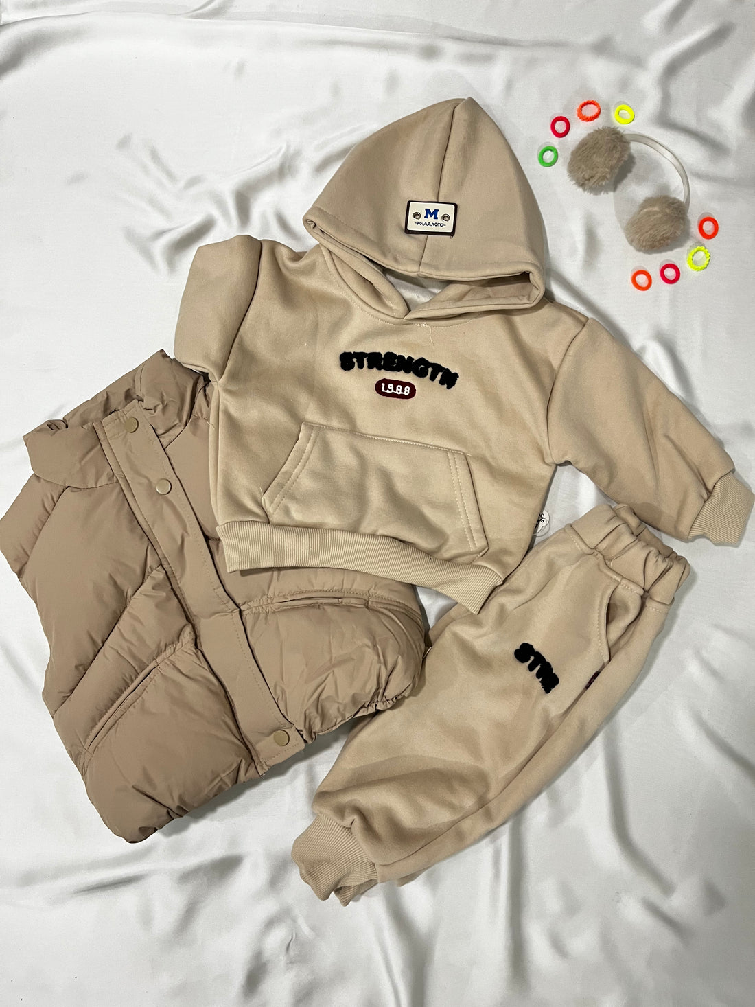 3‑Piece Boys Fluffy Puffer Set – Cream