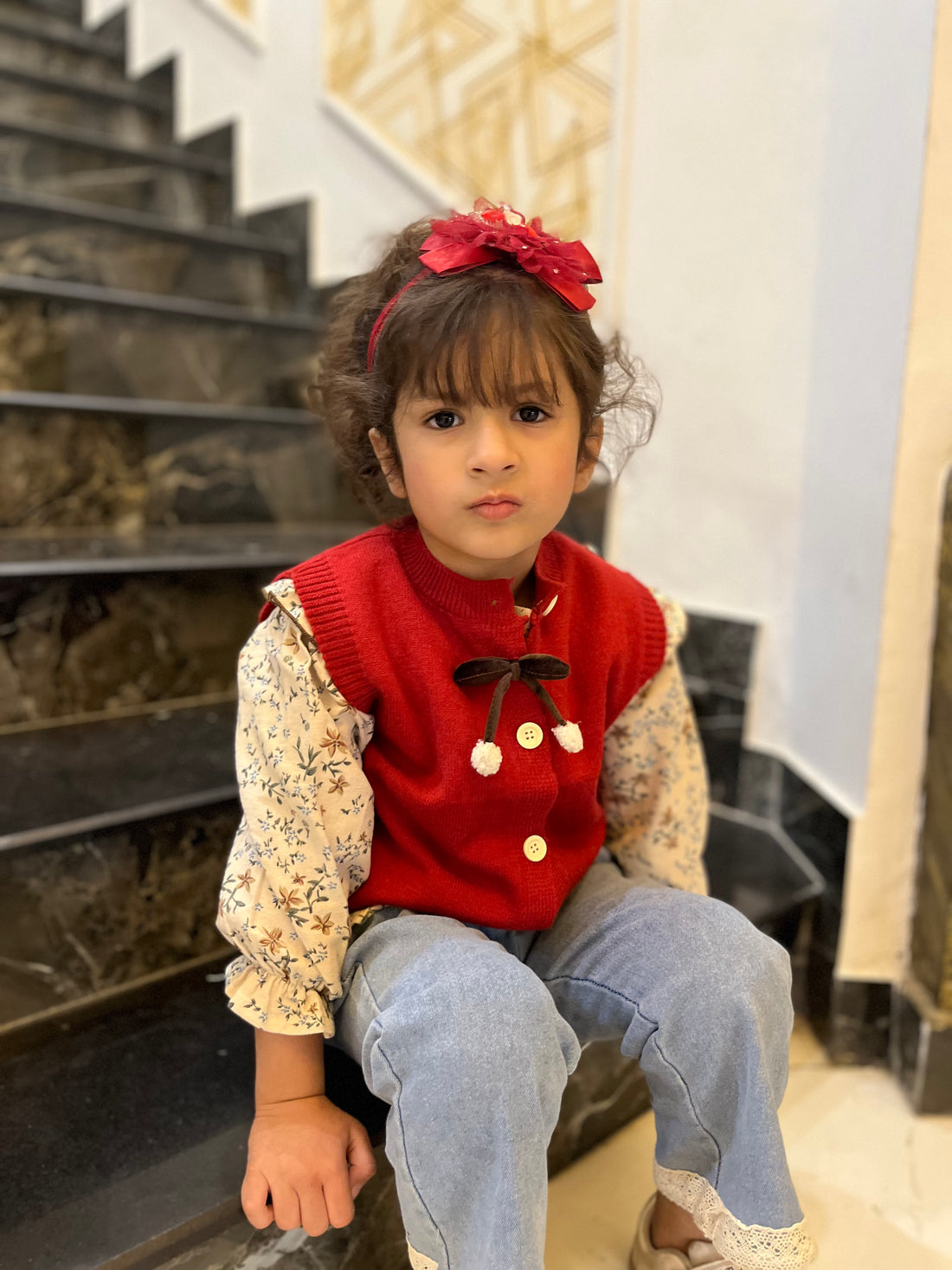 3‑Piece Girls Red Set – Red White with Denim